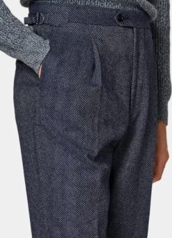 Navy Herringbone Pleated Duca Pants