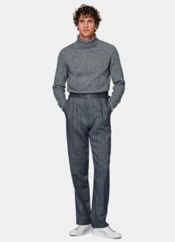 Navy Herringbone Pleated Duca Pants -Cheap US Nice Clothes Store B3005 103