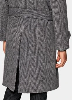 Dark Grey Herringbone Belted Overcoat -Cheap US Nice Clothes Store J919 103