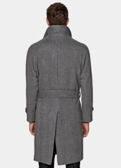 Dark Grey Herringbone Belted Overcoat -Cheap US Nice Clothes Store J919 104