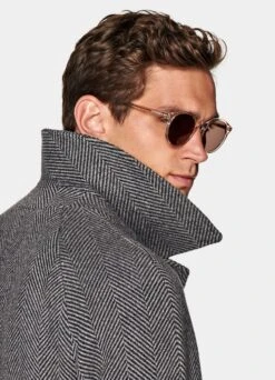 Dark Grey Herringbone Belted Overcoat -Cheap US Nice Clothes Store J919 105