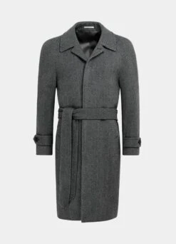 Dark Grey Herringbone Belted Overcoat -Cheap US Nice Clothes Store J919 25