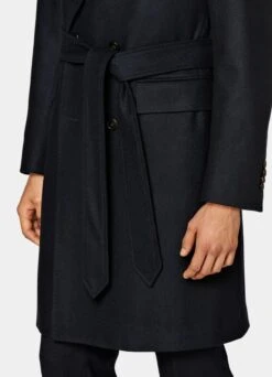 Navy Herringbone Belted Overcoat -Cheap US Nice Clothes Store J963 103