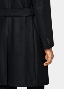 Navy Herringbone Belted Overcoat -Cheap US Nice Clothes Store J963 107