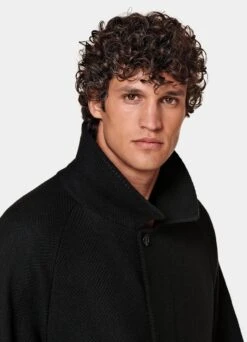 Black Herringbone Belted Overcoat