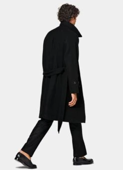 Black Herringbone Belted Overcoat -Cheap US Nice Clothes Store J966 104