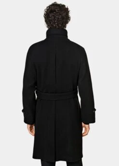 Black Herringbone Belted Overcoat -Cheap US Nice Clothes Store J966 105