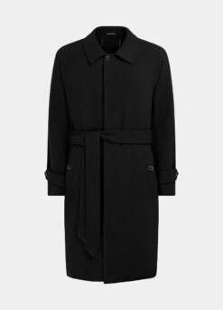 Black Herringbone Belted Overcoat -Cheap US Nice Clothes Store J966 25
