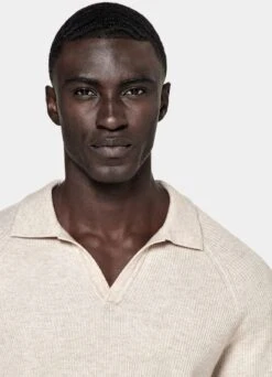 Light Brown Ribbed Long Sleeve Buttonless Polo Shirt