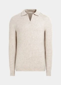 Light Brown Ribbed Long Sleeve Buttonless Polo Shirt -Cheap US Nice Clothes Store SW1530 25