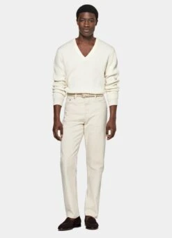 Off-White Ribbed V-Neck -Cheap US Nice Clothes Store SW1724 104