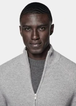 Light Grey Ribbed Zip Cardigan